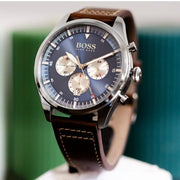 Hugo Boss Pioneer Chronograph Blue Dial Brown Leather Strap Watch For Men - 1513709