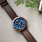 Versace Hellenyium GMT Blue Dial Brown Leather Strap Watch for Men - V11080017