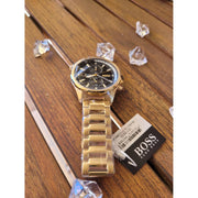 Hugo Boss Globetrotter Chronograph Black Dial Gold Steel Strap Watch for Men - 1513932