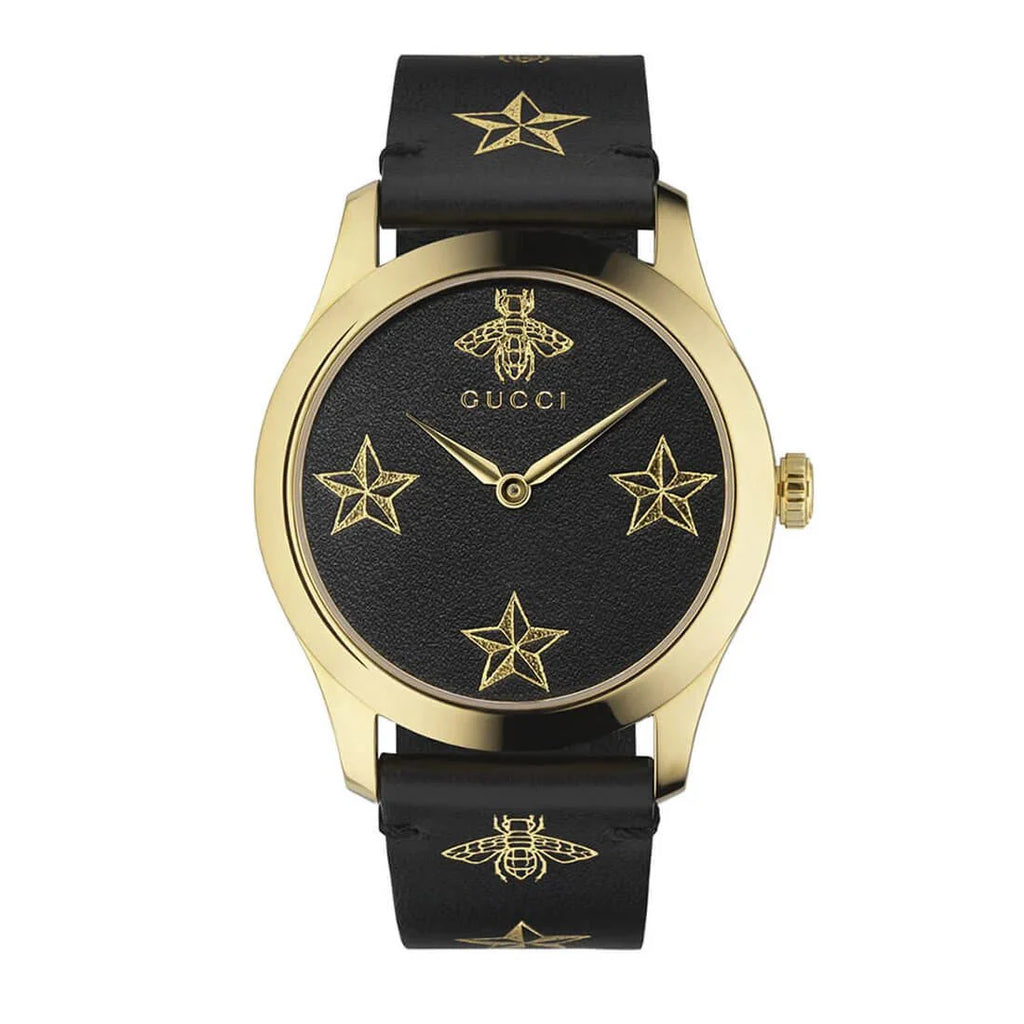 GUCCI Gタイムレス ビー 時計 ブラック×ゴールド ya1264055 Gucci G Timeless Bee Motif Black Dial Black Leather Strap Watch