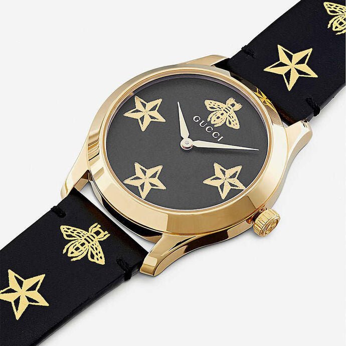 Gucci G Timeless Bee Motif Black Dial Black Leather Strap Watch