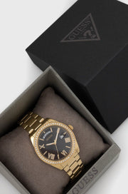 Guess Luna Diamonds Black Dial Gold Steel Strap Watch for Women - GW0307L2