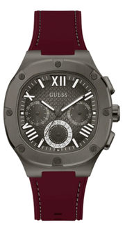Guess Headline Multifunction Grey Dial Burgundy Silicone Strap Watch For Men - GW0571G4