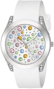 Guess Wanderlust Crystals Silver Dial White Rubber Strap Watch For Women - W1059L3