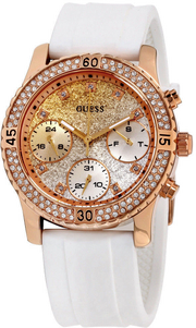 Guess Confetti Crystal Rose Gold Dial White Silicone Strap Watch For Women - W1098L5