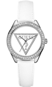 Guess Mini Triangle Quartz Diamonds Silver Dial White Leather Strap Watch For Women - W65006L1