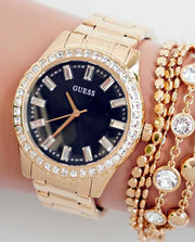 Guess Sparkler Diamonds Black Dial Gold Steel Strap Watch for Women - GW0111L2