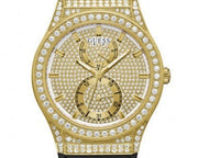 Guess Princess Crystals Gold Dial Black Silicone Strap Watch For Women - GW0439L2