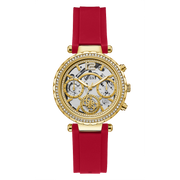 Guess Solstice Diamonds Gold Dial Red Rubber Strap Watch for Women - GW0484L1
