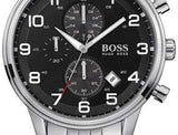Hugo Boss Aeroliner Chronograph Black Dial Silver Steel Strap Watch for Men - 1513181