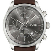 Hugo Boss Grand Prix Chronograph Grey Dial Brown Leather Strap Watch for Men -  1513476