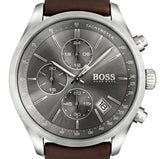 Hugo Boss Grand Prix Chronograph Grey Dial Brown Leather Strap Watch for Men - 1513476
