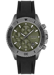 Hugo Boss Admiral Chronograph Green Dial Black Rubber Strap Watch for Men - 1513967