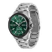 Hugo Boss Globetrotter Chronograph Green Dial Silver Steel Strap Watch for Men - 1513930