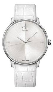 Calvin Klein Accent Silver Dial White Leather Strap Watch for Women - K2Y2Y1KW