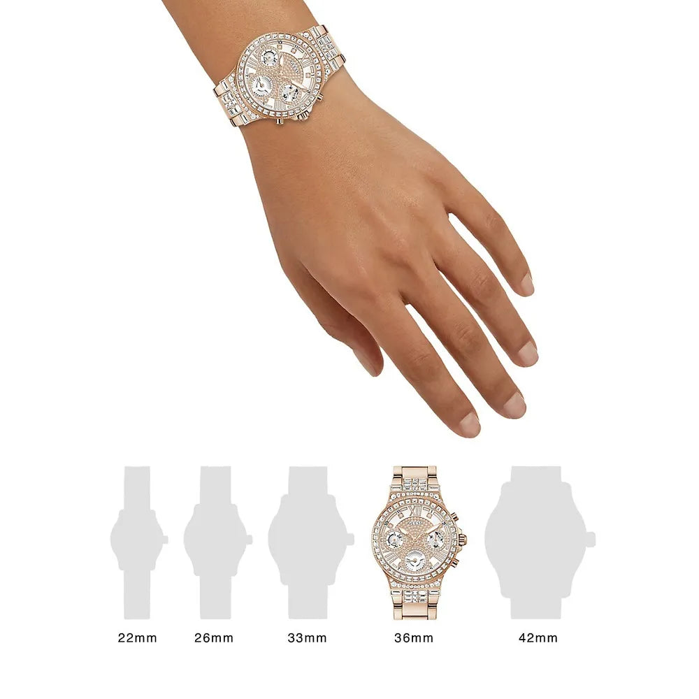 Guess Moonlight Multi Function Diamonds White Dial Rose Gold Steel Strap Watch for Women - GW0320L3