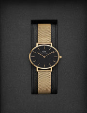 Daniel Wellington Classic Petite Black Dial Gold Mesh Bracelet Watch For Women - DW00100347