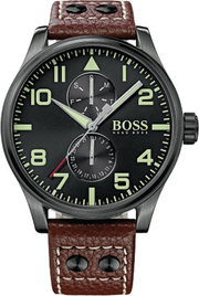 Hugo Boss Aeroliner Maxx Black Dial Brown Leather Strap Watch For Men - 1513079