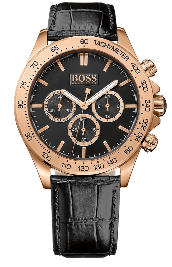 Hugo Boss Ikon Chronograph Black Dial Black Leather Strap Watch for Men - 1513179