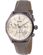 Hugo Boss Grand Prix Silver Dial Grey Leather Strap Watch for Men - 1513603