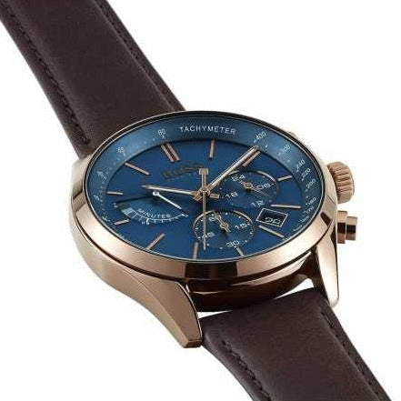 Hugo Boss Grand Prix Chronograph Blue Dial Brown Leather Strap Watch for Men - 1513604
