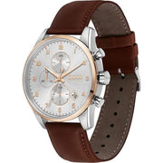Hugo Boss Skymaster Chronograph White Dial Brown Leather Strap Watch for Men - 1513786
