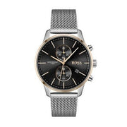 Hugo Boss Associate Chronograph Black Dial Silver Mesh Bracelet Watch for Men - 1513805