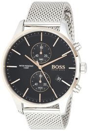 Hugo Boss Associate Chronograph Black Dial Silver Mesh Bracelet Watch for Men - 1513805