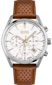 Hugo Boss Champion Chronograph White Dial Brown Leather Strap Watch for Men - 1513879