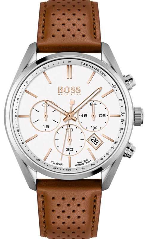 Hugo Boss Champion Chronograph White Dial Brown Leather Strap Watch for Men - 1513879