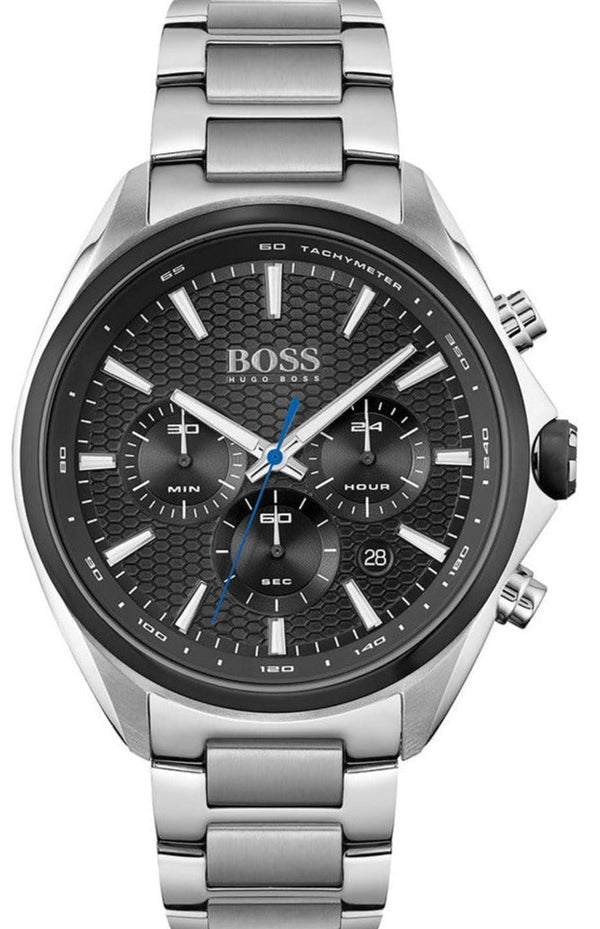 Hugo Boss Distinct Chronograph Black Dial Silver Steel Strap Watch for Men - 1513857