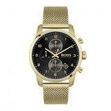 Hugo Boss Skymaster Chronograph Black Dial Gold Mesh Bracelet Watch for Men - 1513838