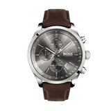 Hugo Boss Grand Prix Chronograph Grey Dial Brown Leather Strap Watch for Men - 1513476