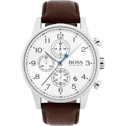 Hugo Boss Navigator Chronograph White Dial Brown Leather Strap Watch for Men - 1513495