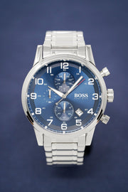 Hugo Boss Aeroliner Chronograph Blue Dial Silver Steel Strap Watch for Men - 1513183