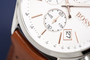 Hugo Boss Grand Prix Chronograph White Dial Brown Leather Strap Watch for Men - 1513475