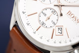 Hugo Boss Grand Prix Chronograph White Dial Brown Leather Strap Watch for Men - 1513475