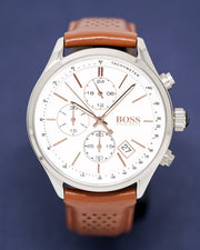 Hugo Boss Grand Prix Chronograph White Dial Brown Leather Strap Watch for Men - 1513475
