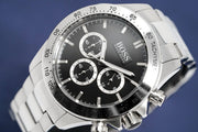 Hugo Boss Ikon Chronograph Black Dial Silver Steel Strap Watch for Men - 1512965