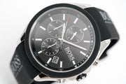 Hugo Boss Velocity Chronograph Black Dial Black Leather Strap Watch for Men - 1513716