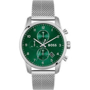 Hugo Boss Skymaster Chronograph Green Dial Silver Mesh Bracelet Watch for Men - 1513938