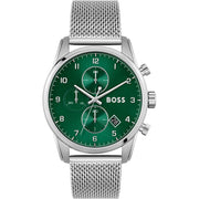 Hugo Boss Skymaster Chronograph Green Dial Silver Mesh Bracelet Watch for Men - 1513938