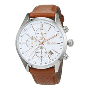 Hugo Boss Grand Prix Chronograph White Dial Brown Leather Strap Watch for Men - 1513475