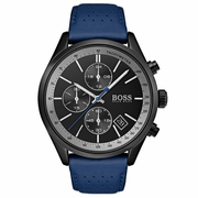 Hugo Boss Grand Prix Chronograph Black Dial Blue Leather Strap Watch for Men - 1513563