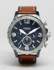 Fossil Nate Chronograph Navy Blue Dial Brown Leather Strap Watch for Men - JR1504