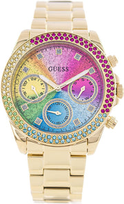 Guess Confetti Chronograph Rainbow Dial Gold Steel Strap Watch For Women  - GW0483L4