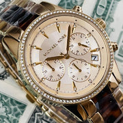 Michael Kors Ritz Chronograph Gold Dial Two Tone Steel Strap Watch for Women - MK6322