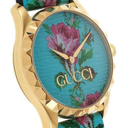 Gucci G Timeless Floral Turquoise Dial Turquoise Leather Strap Watch For Women - YA1264085