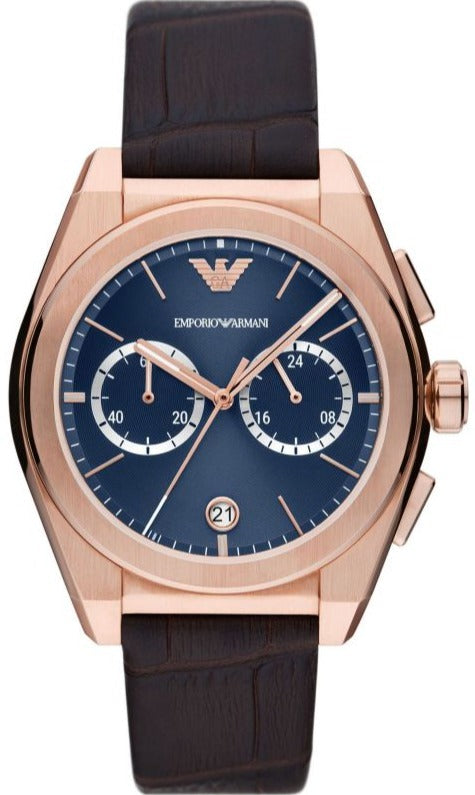 Emporio Armani Federico Chronograph Blue Dial Brown Leather Strap Watch For Men - AR11563