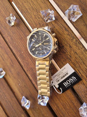 Hugo Boss Globetrotter Chronograph Black Dial Gold Steel Strap Watch for Men - 1513932